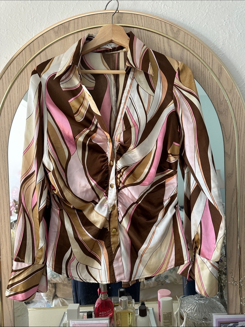 Caché silky Abstract Stripe Button-Front Top - Pink & Brown